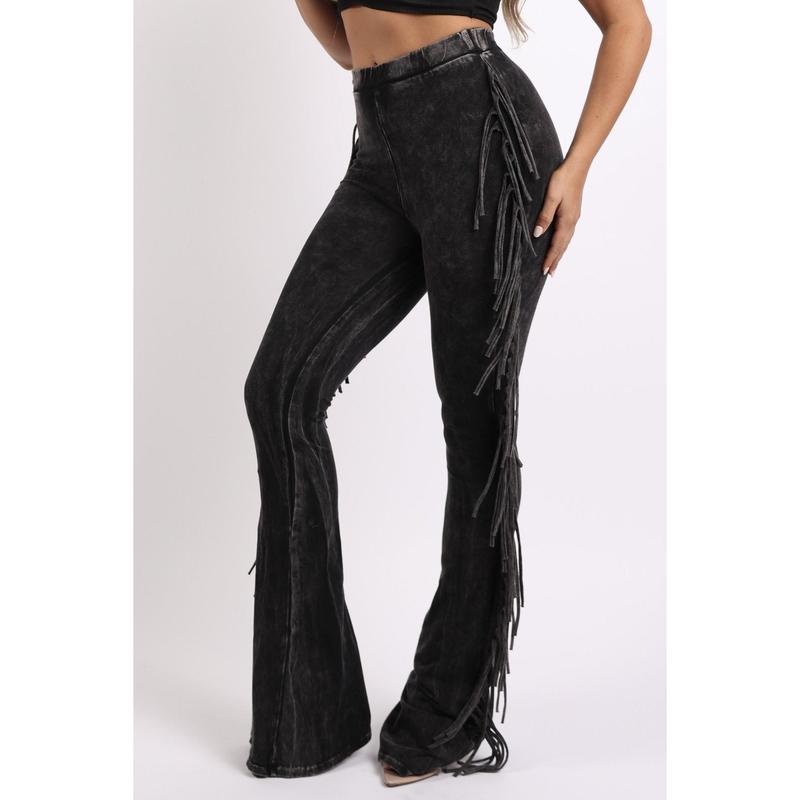Fringe-Detailed Mineral Washed Pants for Women - Comfortable Cotton and Elastic Design with Flared Side Detail