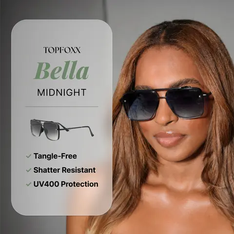 Bella Midnight Aviator Sunglasses | Stylish Sunglasses with Tangle Free Nose Pads, UV400 Protection & Shatter-Resistant Lenses & Hand-Assembled Frames - Classic Fashion Eyewear for Women & Men - Perfect for Everyday Outdoor Wear