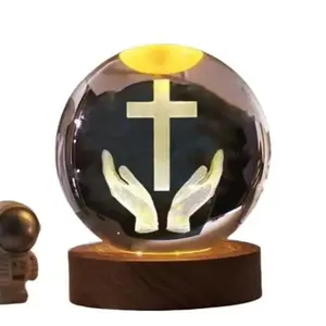 Biblical Wants Cross with Prayer Hands 80mm 3D Engraved Laser Night Lamp with Wood Base