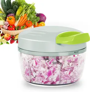 Manual Food Processor Vegetable Chopper 2.3 Cup Small Mini Hand Pull String Onion Chopper Garlic Mincer Cutter with 3 Stainless Steel Blades Fruit Kitchen