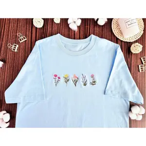 Wildflower Embroidered Unisex T-shirt | Pinky Flower Embroidered Sweatshirt | Lavender T-shirt | Embroidered Flower Crew Neck Sweatshirt