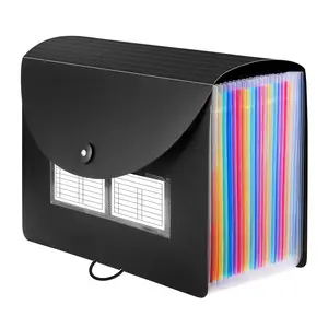 24 Pockets Expanding File Folder with Blank Labels, Desktop Accordion Folders for Letter A4 Paper Document Storage Organizer, Black