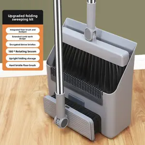 3-in-1 Rotating Broom & Dustpan for Apartments, Soft Bristles for Hardwood/Tile | Stand-Up Storage & Long Handle, Space Saving Cleaning Kit (Gray)