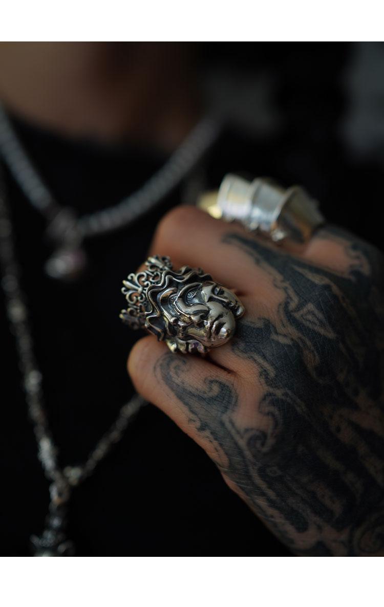 Vintage Gothic Dual Face Crown Open Ring Human Duality Aesthetic Silver Jewelry