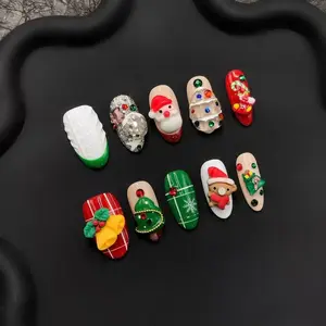 Festive 3D Christmas Tree & Reindeer Press-On Nails: Bright Colors to Celebrate a Cozy Christmas Night in short length Christmas Green Christmas Live christmas nails
