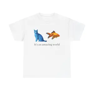 Blue Cat and Goldfish It's an Amazing World T-Shirt | Animal Illustration Tee
