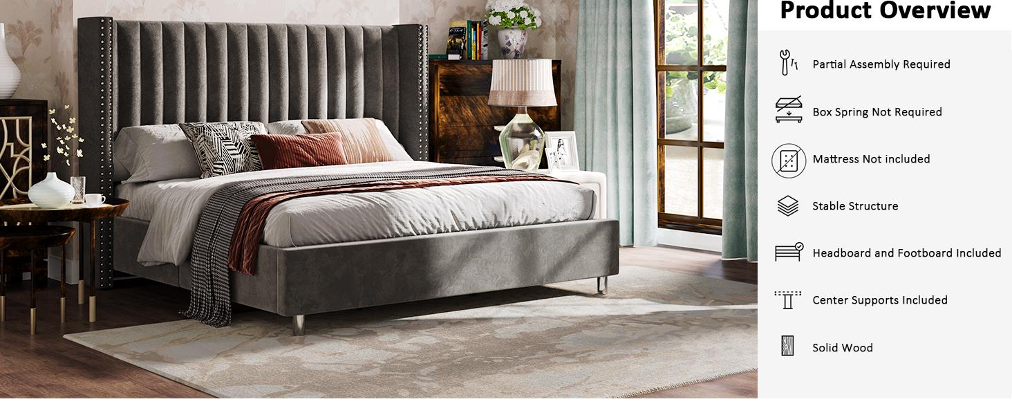 AMERLIFE Bed Frame Upholstered Bed Wingback Headborad Velvet Channel Tufted/No Box Spring Needed/Easy Assembled/Best Gift Ideas/Christmas Gifts