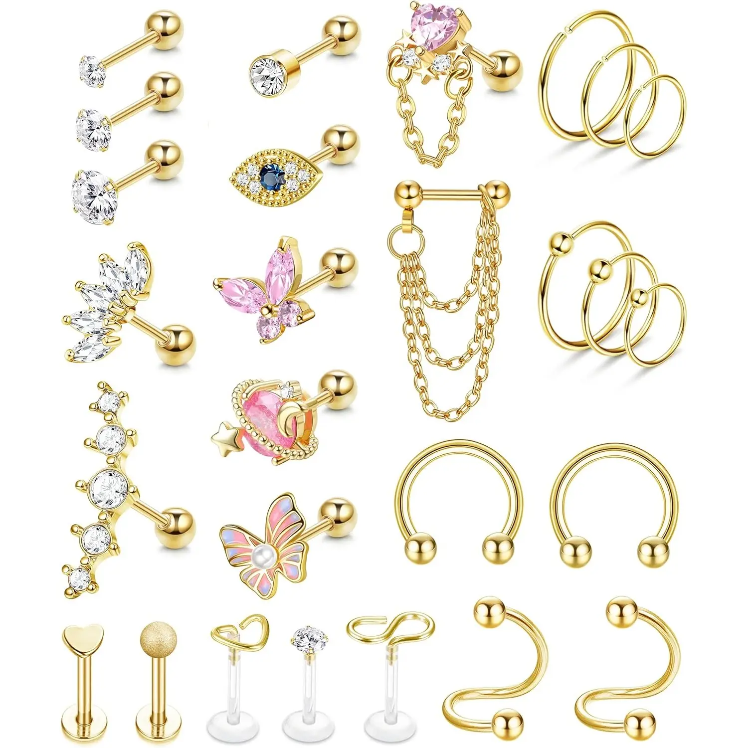 YADOCA 27Pcs 16G Hypoallergenic Stainless Steel Ear Piercings Kit - Women’s Cartilage Earrings, Tragus Conch Helix Daith Studs Hoops, CZ Butterfly Heart Evil Eye Jewelry, Helix Stud Piercing Jewelry