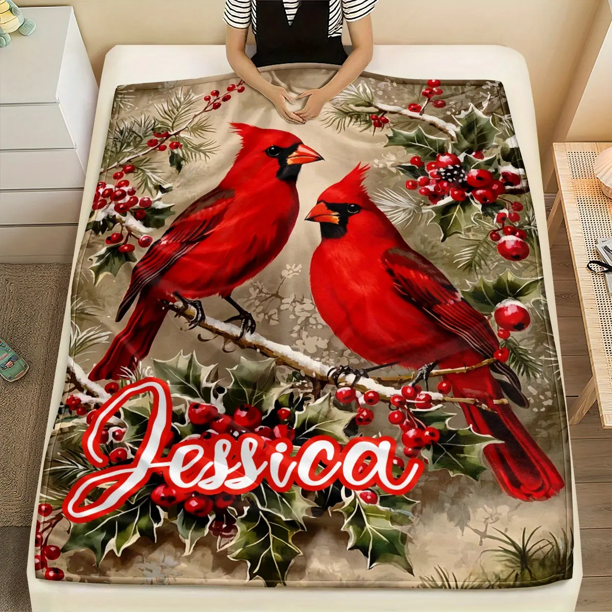 Custom Name Christmas Cardinal Flannel Blanket - Personalized Lightweight Knit Polyester (200-250Gsm), Fantasy-Themed, Tear-Resistant, Digital-Print, Soft & Warm, All-Season for Sofa & Bed