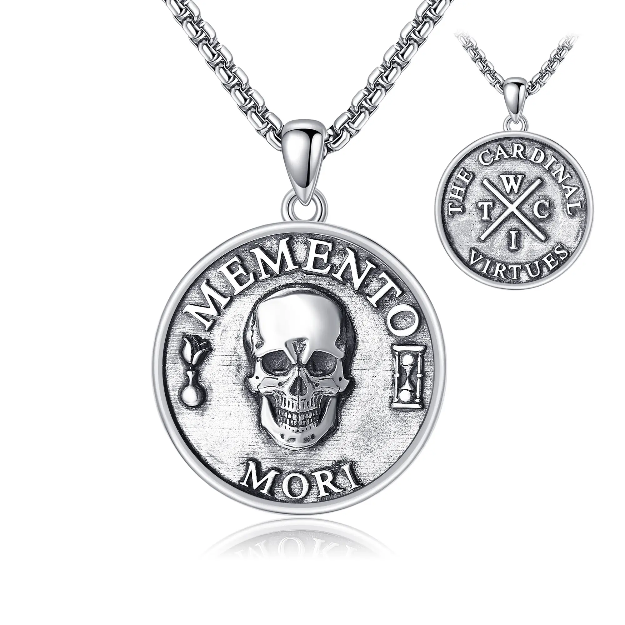 YFN Memento Mori Pendant Necklace 925 Sterling Silver Gothic Skull Stoic Necklace Jewelry Gifts for Women Men