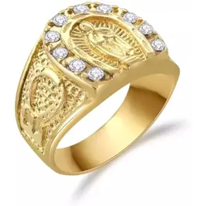 Men's Gold Plating Cubic Zirconia Our Lady of Guadalupe Virgin Mary Ring Religious Ring Size 7-13