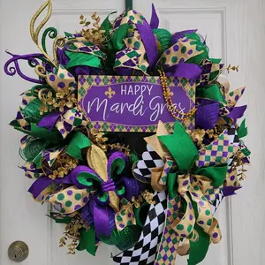Happy Mardi Gras Wreath for Front Door Decor Winter Front Porch Colorful Mardi Gras Wreath with Gold Mardi Gras Beads and Fleur-de-lis