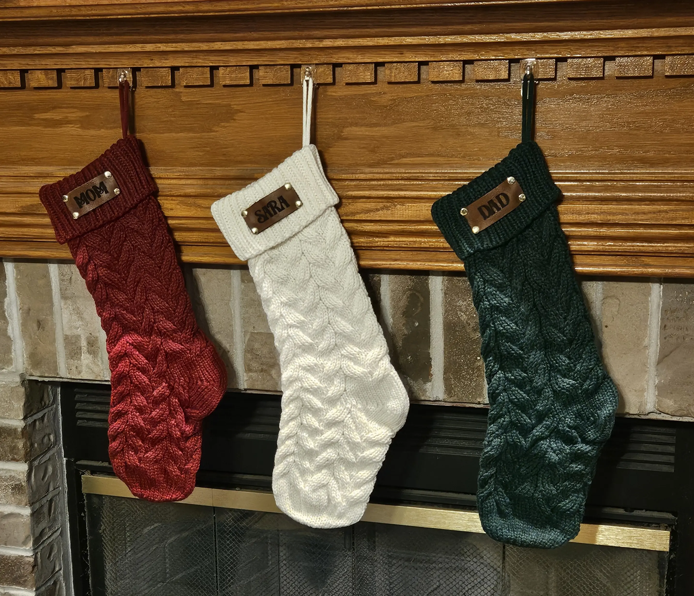 Personalized knit Christmas Stockings with custom leather patch