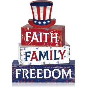 4 Pcs 4th of July Table Decorations Patriotic Memorial Day Tiered Tray Decor Independence Day Centerpiece Decor Faith Family Freedom Block Sign for Indoor Home 250th Anniversary