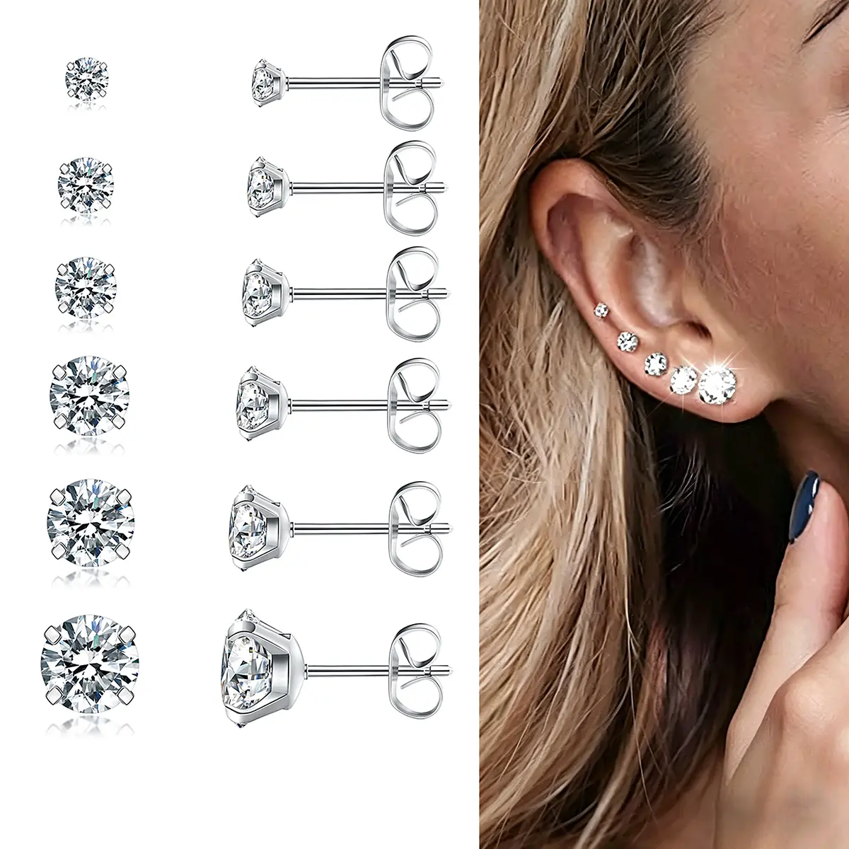 Round Cubic Zirconia Earring Set, 6-Pair Minimalist Stainless Steel Studs for Men & Women, Hypoallergenic 3-8mm Boxed Gift Set, Cubic Zirconia Earrings, Plain Stud Earrings