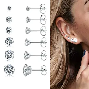 6 pair Earring Set Transparent Cubic Zirconia Earrings for Men & Women Stainless Steel 3-8mm Hypoallergenic Minimalist Daily Wear Valentine's Day Gift