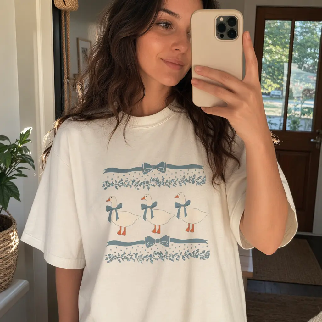 Coquette Goose Shirt Women Plus Size Cottagecore Graphic Tee Cute Blue Bow Top