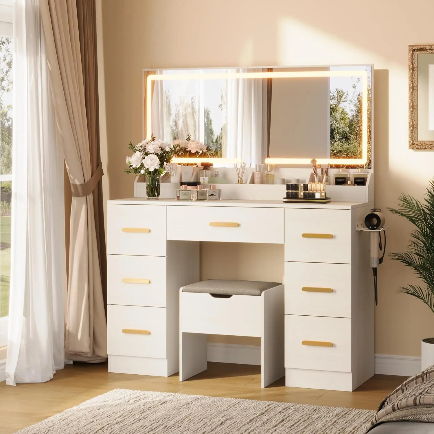 Gaomon 45.9-in Wall Mounted Durable Vanity Table Makeup, Wood & Metal Frame, Large Lighted Mirror, 3 Lighting Modes, Adjustable Brightness, Power Outlet, 8 Storage Drawers, Floating Shelves with Double Layer Shelving System, for Bedroom, Wall Mounted Vani