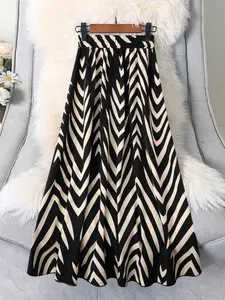 Women's Minimalist Striped Skirt, Elastic Waist Flowy Midi Dress, Casual Street Party Chic, Versatile Fashion Skirt