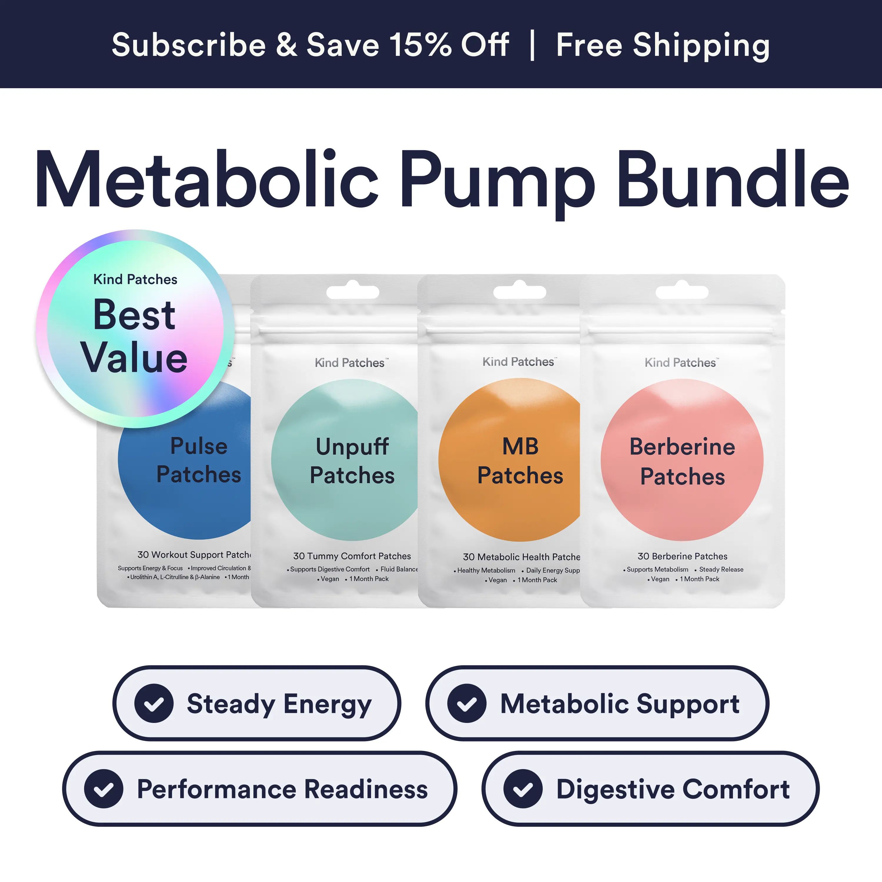 Kind Patches Metabolic Pump Bundle: Pulse Patches + MB Patches + Berberine Patches + Unpuff Patches, Workout Readiness & Daily Movement Support, Steady Release Formula, Metabolic Support, Clean Energy, Balanced Gut, Digestive Health, Natural Ingredients