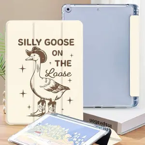Cute Cartoon Goose iPad Case, Fits 9.7/10.2/10.5/10.9/11 Inch, Three-Fold Stand with Pen Holder, Anti-Drop Retro Design, Aesthetic