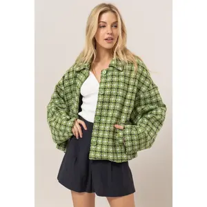 HYFVE Tweed Plaid Button Up Collared Neck Jacket