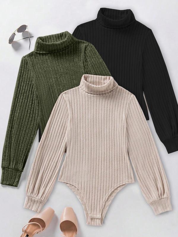 Women's Fall Winter 3-Piece Set, Fashionable Slim Fit Ribbed High Neck Fleece Lined Long Sleeve Bodysuit, Comfortable Underwear