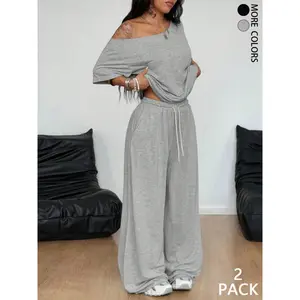 2pcs/Set Women's Minimalist Basic Daily Wear Going Out Sport Comfortable Off Shoulder T-Shirt And Wide Leg Pants Two Pieces Outfits