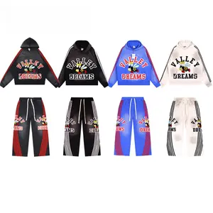 Unisex 2-Piece Vintage Fleece Tracksuit - Valley New Autumn Graffiti Letter Terry Hooded Pullover & Straight Leg Pants, Y2K Hip Hop Loose Cotton Set with Bee Patch, Soft Breathable Comfortable Fabric, Ideal for Memorial Day Gifts,summervibes Men's Velour