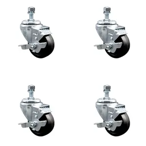 212 MAIN SCC-TS20S314-HRS-TLB-M1015-4 Hard Rubber Swivel Threaded Stem Caster, Swivel Type, with 3x1.25 in. Black Wheels, 10 mm Stems, Ball Bearings, Top Brake - Set of 4
