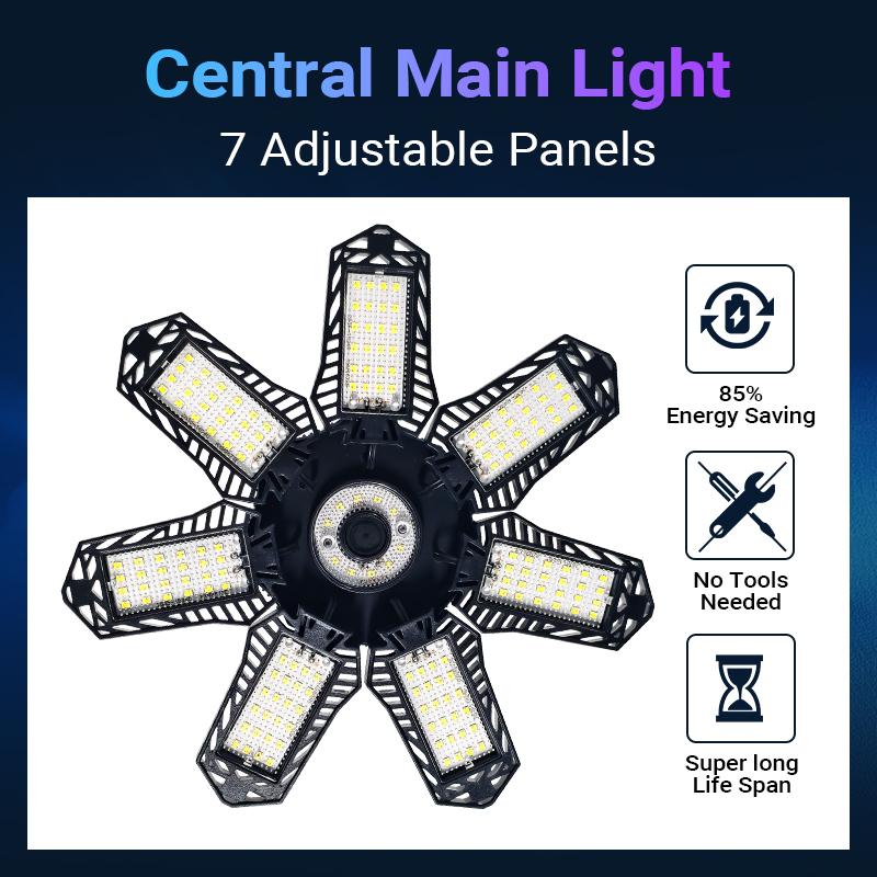 Qawtor Deformable LED Garage Light Bright [3-Pack] Shop Ceiling Bulb Lamps E26/E27 Barn Warehouse Garage Foldable 7+1 Panel Work Light Super Bright Illumination Easy Installation , Summervibes, Fathersdaygift