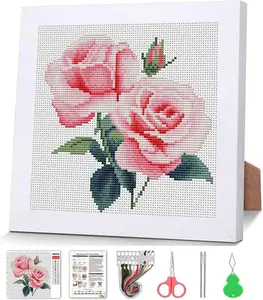 Pink Roses Cross Stitch Kits for Beginner,Flowers Stamped Cross Stitch Kits Crafts for Adults with Wooden Framed,Embroidery Kit for Beginners,Partial 11CT Floral Cross Stitch for Kids 7.9x7.9 inch