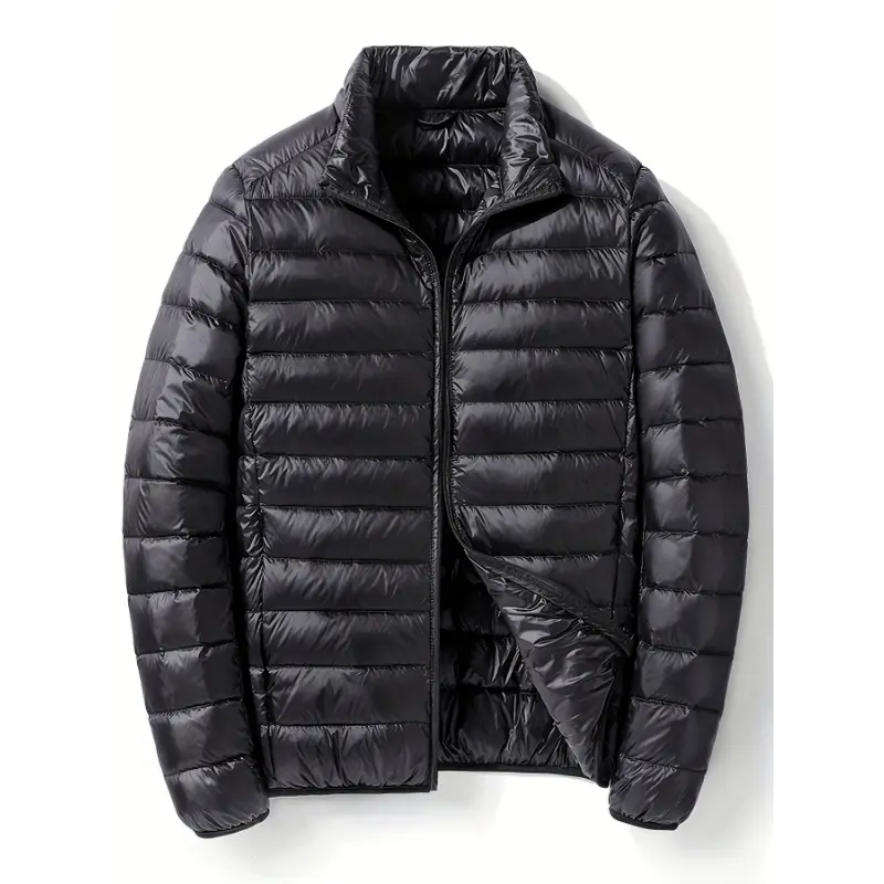 Men's Lightweight Slim-Fit Puffer Jacket - Black, Casual Stand Collar, Machine Washable, White Duck Down, Nylon Fabric, Zippered Pockets, Comfortable & Stylish for Casual Attire, Everyday Jacket | Sleek Casual Style | Nylon Puffer Jacket, P