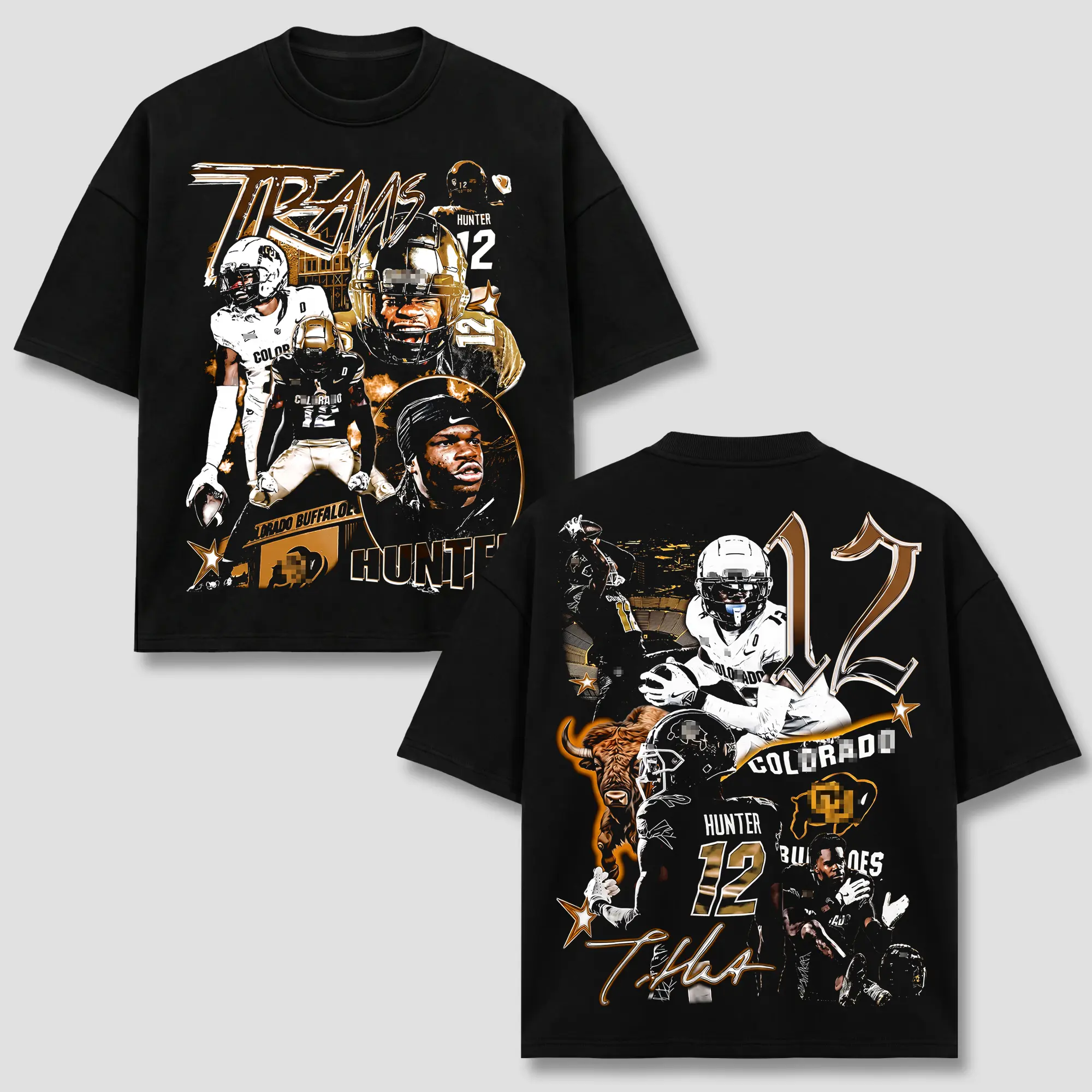 Travis Hunter #12 T-Shirt, COL Football Two Way Player Tee, Gold Buffalo Back Print Graphic Apparel, Two Way Player Retro 90s Bootleg Sports Wear, Football Fan Heritage Gift, Men Women Heavyweight Oversized Clothing