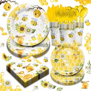 168pcs Litter Bee Party Supplies，Honey Bee Paper Plates and Napkins, Cups, Napkins and Forks, Bee Party Decorations for Baby Shower