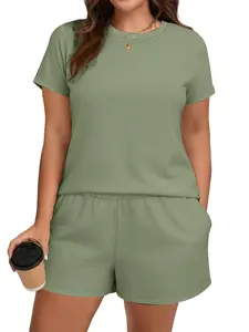 Plus Size Casual Sporty Short Sleeve Shorts Set, Breathable Sweat-Wicking Relaxed Fit, All Seasons Wear, Plain Pattern