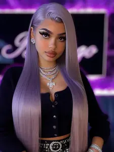 Lavender Synthetic Lace Front Wig, Straight Hair, Natural Density, Pre-Balayed, 13x4 HD Transparent Lace, Party Halloween Costume, 28 Inches, Pre Plucked Wigs