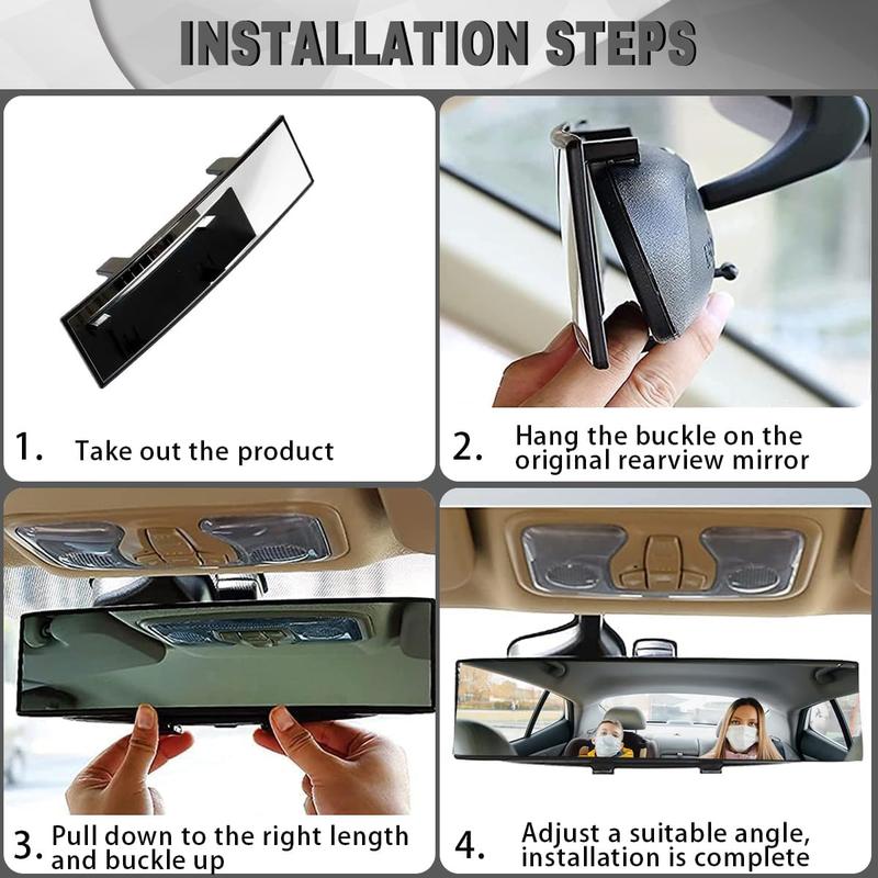 Universal 12 Inch Rear View Mirror Clip On Panoramic HD Anti Glare Wide Angle Reduce Blind Spot for Cars SUVs Trucks Vehicles