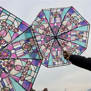 Geometric Butterfly Pattern Umbrella, 1 Count Portable Manual Automatic Umbrella, Modern Art Glass Painting Design Umbrella, Lightweight Waterproof Umbrella for Outdoor Hiking & Daily Use