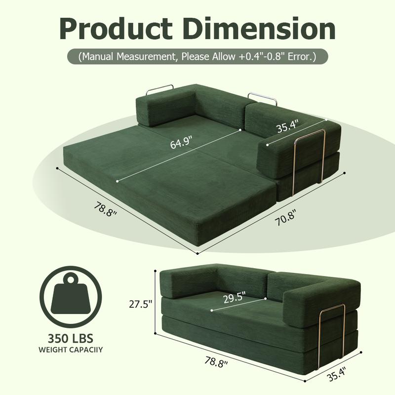 79" Convertible Sleeper Sofa Bed with Cylindrical Pillow Corduroy Folding Mattress Couch Fixed-Shape Frame Modular Compressible Living Room Sofa Set Vintage Suede Comfortable Lounge Chair Lazy Sofa Bean Bag Bedroom Sleeper Modern Cloud Loveseat