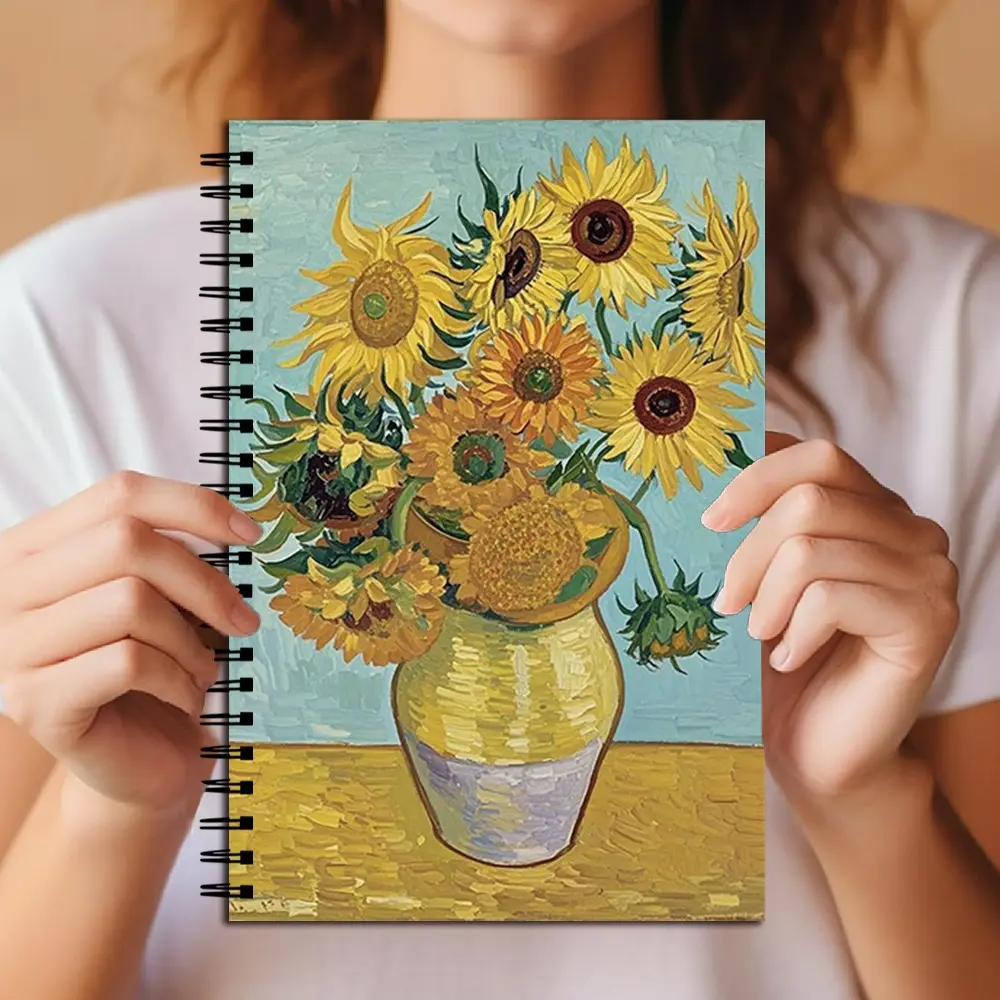 Van Gogh Sunflowers Spiral Notebook, Vintage Art Design, Aesthetic Notebook, Light Blue Background, Hardcover Journal, Lined Pages, for Writing, Sketching, Note Taking, Spiral Bound Notebook