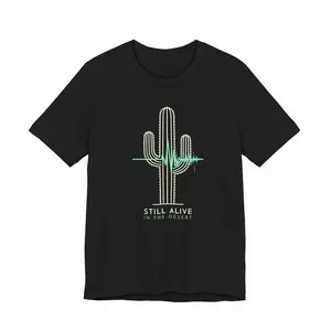 Men's Cactus Heartbeat Graphic T-Shirt, Minimalist Short Sleeve Crewneck Top in Lightweight Emerald Cotton Knit