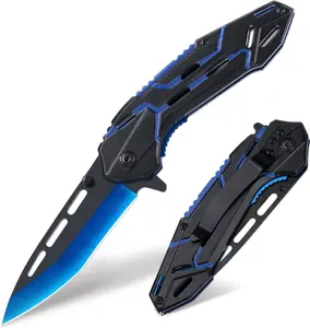 [Father's Day Top Gift] Men's Black-Blue Geometric Hollow Tactical Folding Pocket Knife, Quick-Open Stainless Steel Sharp Blade, Belt Clip, Lightweight EDC Utility Cutting Tool for Camping, Hiking