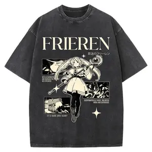Frieren Beyond Journey's End Vintage Washed Graphic Tee 100% Cotton Oversized Anime T-Shirt Retro Manga Streetwear T-Shirt