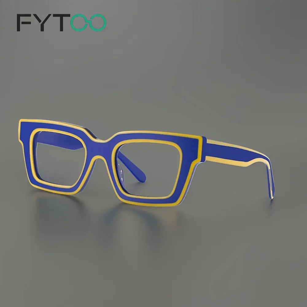 Fytoo Acetate Glasses, Double Bridge Aviator‑Inspired Square Frame Glasses, Tortoise Decor Leopard Print Fashion Eyeglass Frame for Men Women