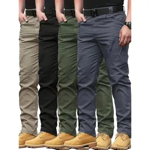 4pcs Men'S Tactical Cargo Pants, Multi-Pocket Design, Solid Color, Elastic Waistband, Ideal for Construction Workers, Hiking, Exploring, Spring/Fall (No Belt Included) Menswear Breathable Casual Comfy Fashion Day Outdoor Big Small Zipper Beige Plain