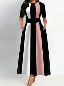 Women's Patchwork Pocket Round Neck A Line Dress, Elegant Fashion Dress, Casual Short Sleeve Long Dress for All Seasons, Ladies Clothes for Daily Vacation Party