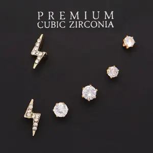 Set of 3 Pairs Petite Hypoallergenic CZ Stud Earring Gift Set (Lightning Bolt Gold Tone)