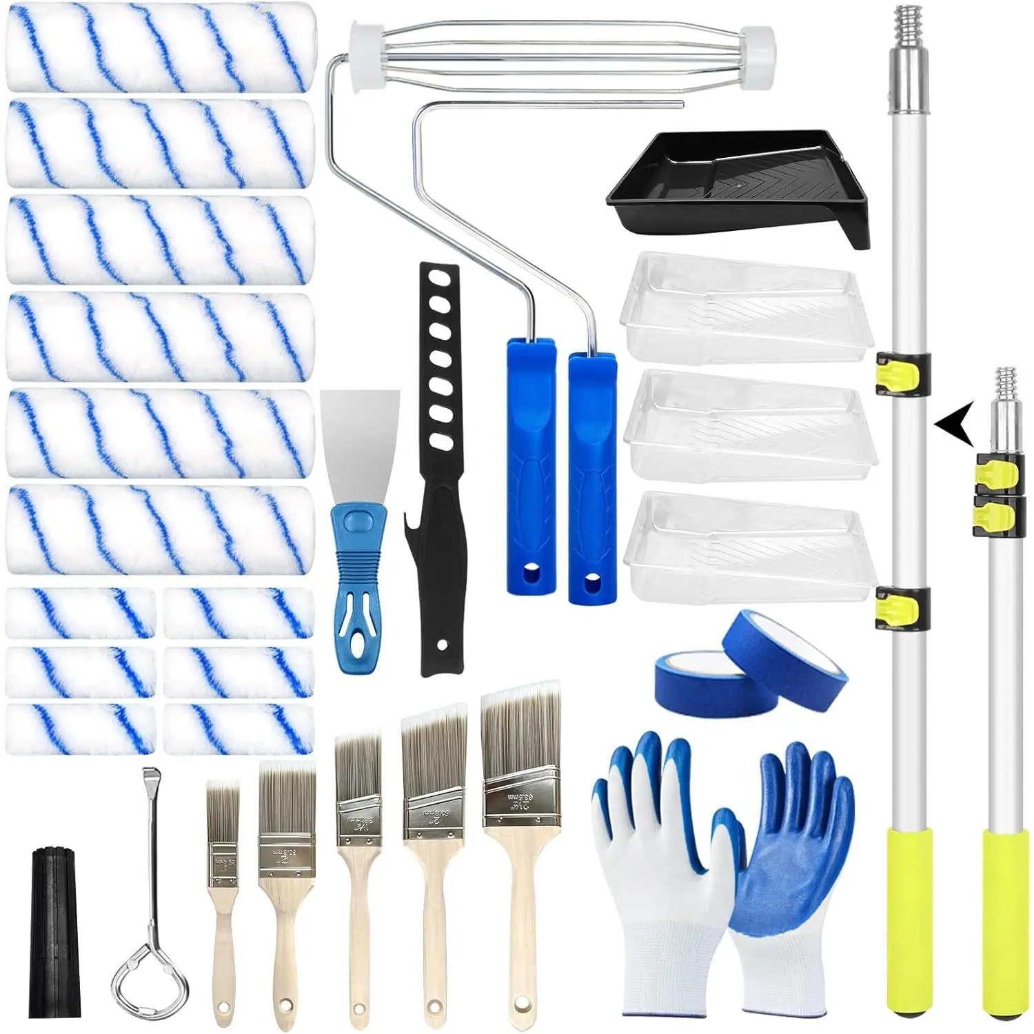 31 count  Roller Kit with Extension Pole 2 to 4 Ft,9"4" Rollers Covers Frame Tray Painters Tape Professional Long Handle  Brush Roller Set for Painting Walls House Corner Stain Concrete
