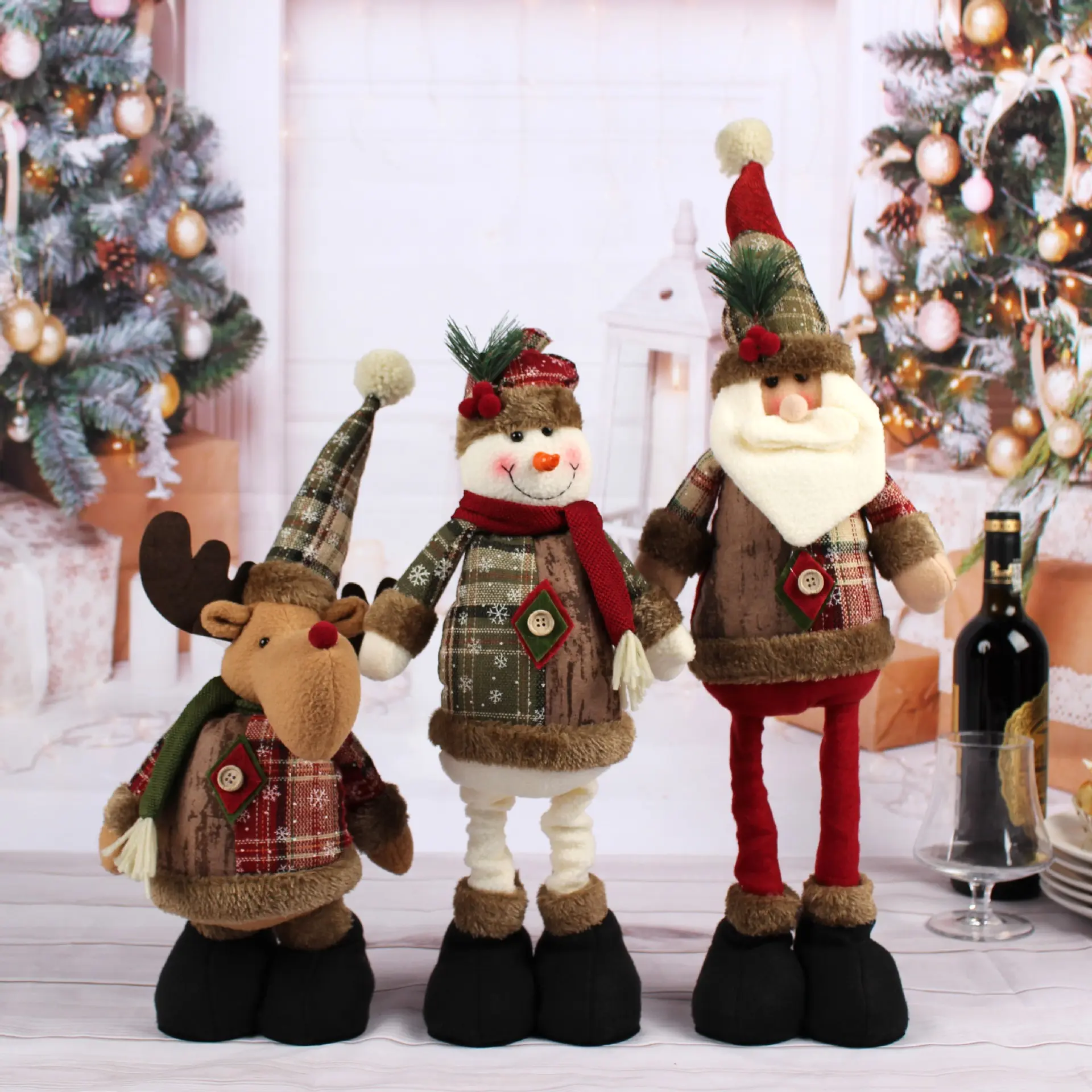Christmas telescopic doll, decorative Santa Claus and snowman standing long-legged plush doll figurine, winter desktop decoration, Christmas gift